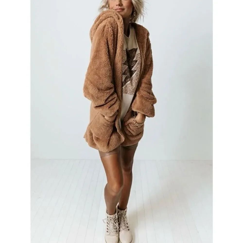 NWT The Sweatshirt Project Camel Fluffy Hooded Hoodie Teddy Cardigan Sweater